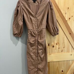 House of Harlow 1960 Brown Sheath Dress Puff Sleeve faux leather